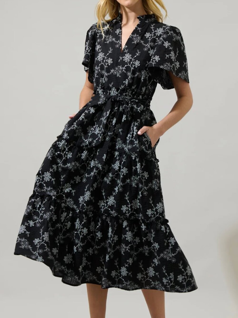 Sugarlips Split Neck Poplin Tiered Dress NWT